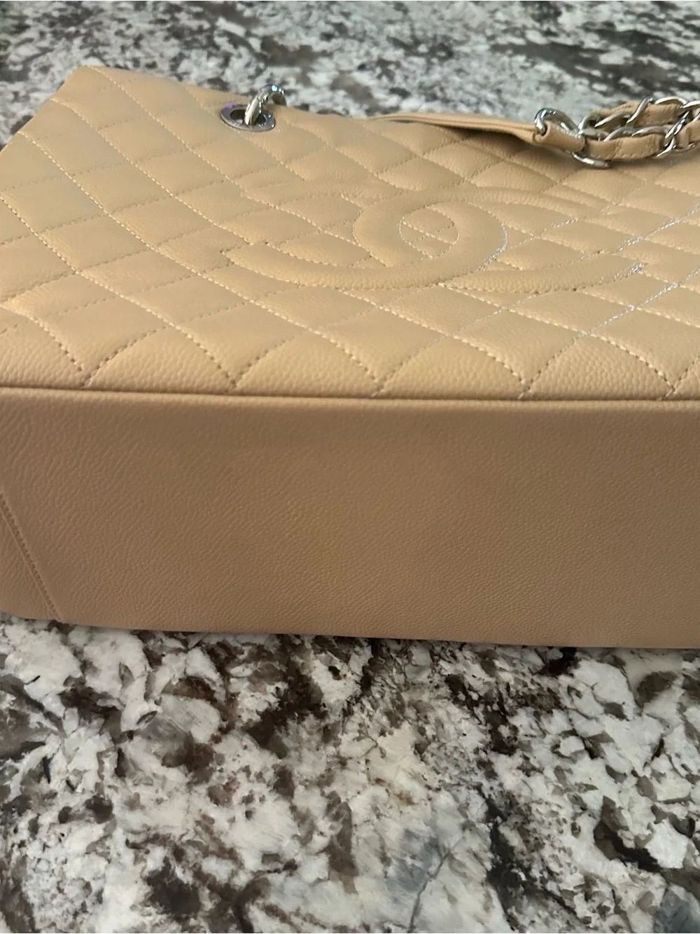 Chanel Beige Quilted Cavier Leather Grand Shopping Tote Bag with Silver hardware